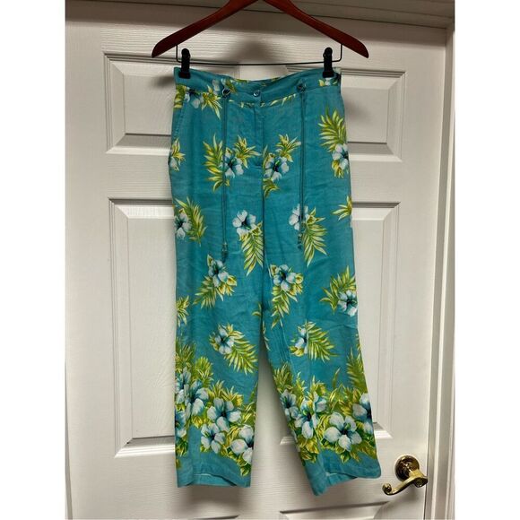 Easy Spirit Turquoise Floral Linen & Tencel Pants sz 6 EUC - Picture 1 of 7